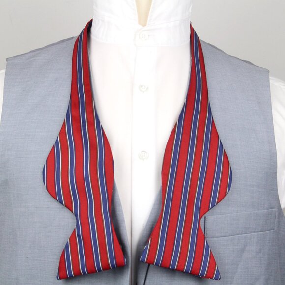 Men's Self-tied Bow Tie 100%Silk Big Butterfly Red Blue Stripe S728 - Picture 6 of 8